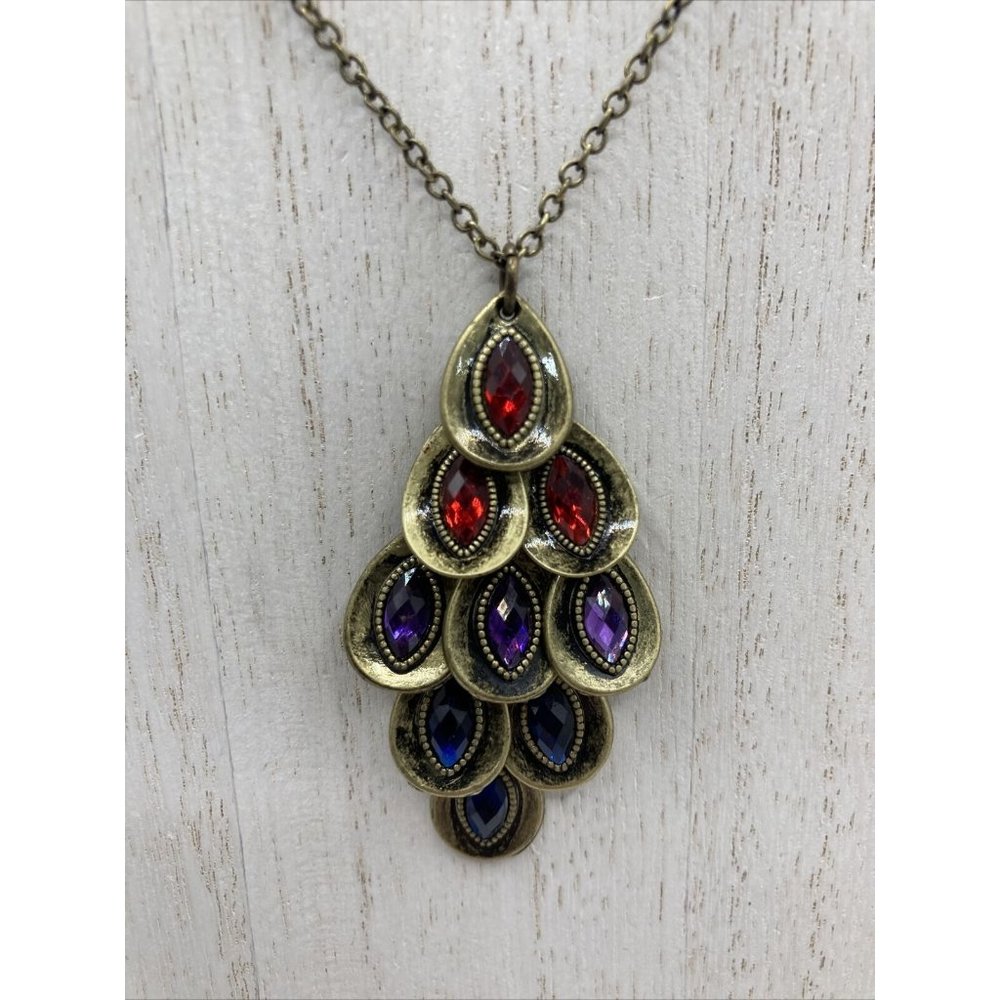 Peacock Feather Style Necklace 16" red blue‎ purple gold tone crystals Necklace